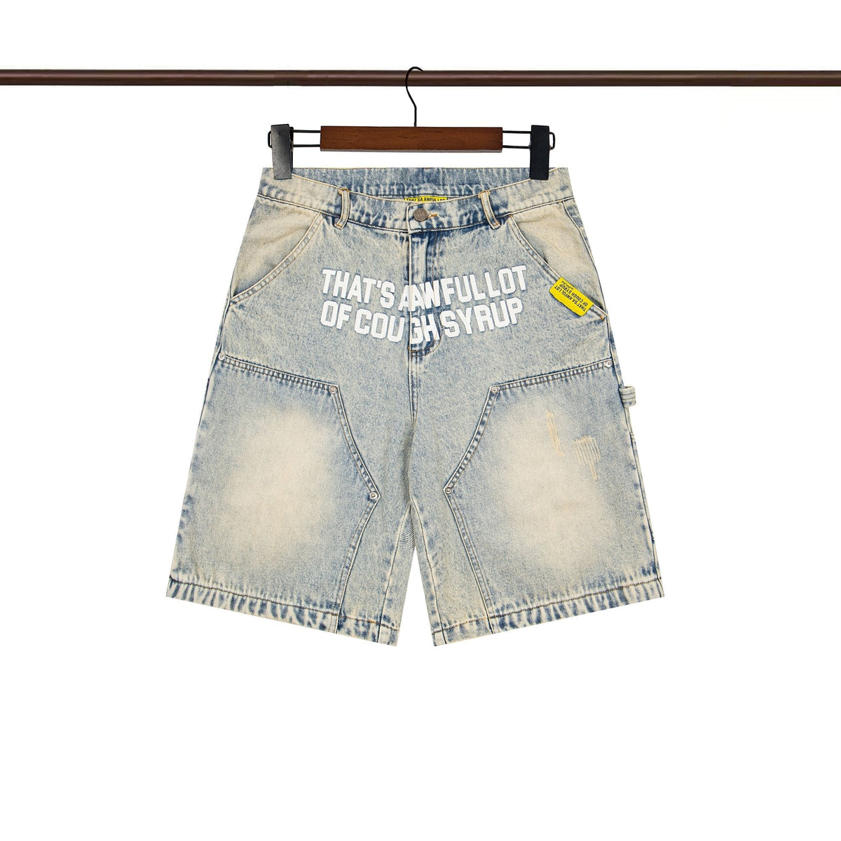 THAT'S A AWFUL LOT OF COUGH SYRUP Washed Denim Graphic Shorts ¡ª hero